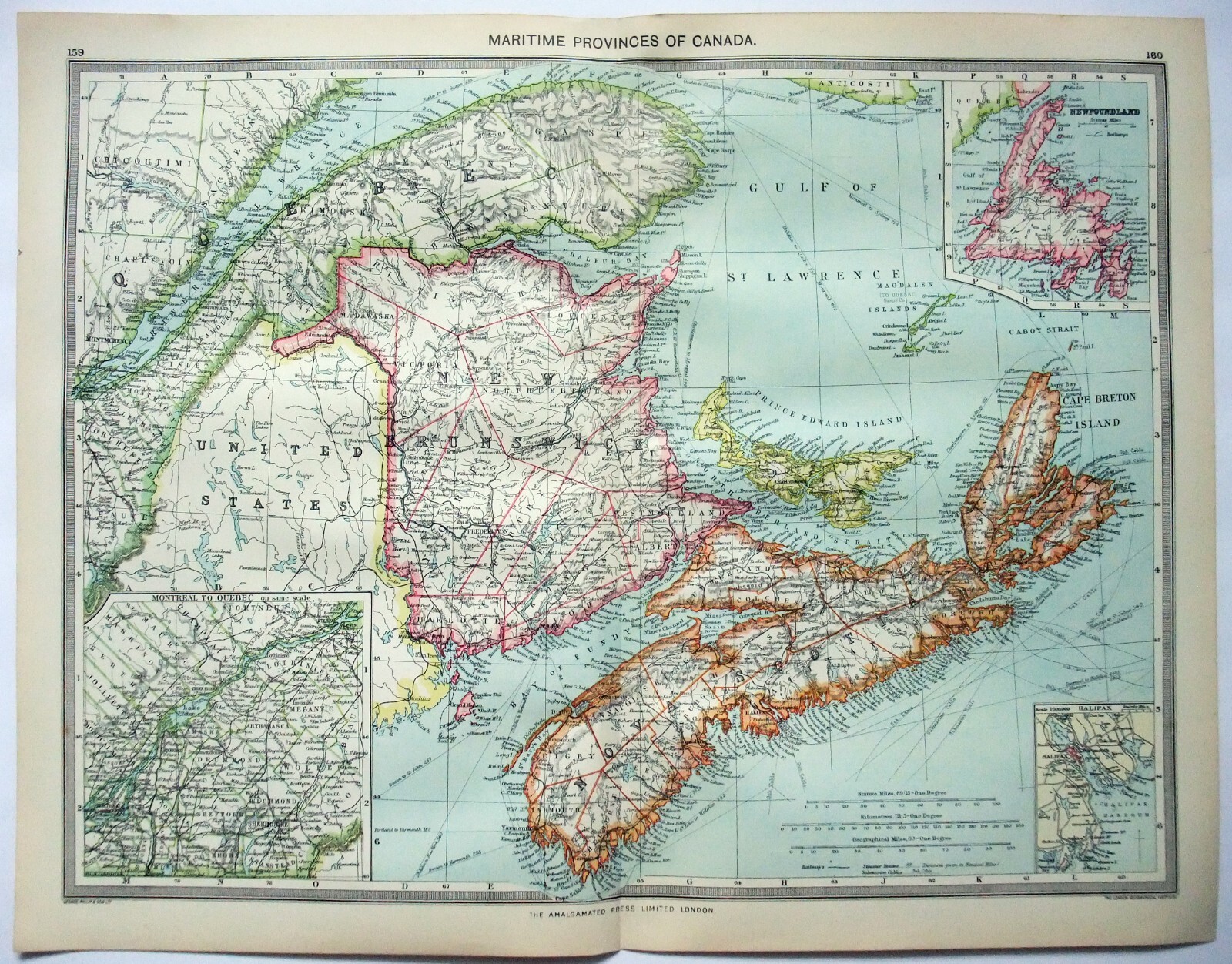 Canada Maritimes – Large Original c1906 Map by George Philip. NB NS PEI Amtique