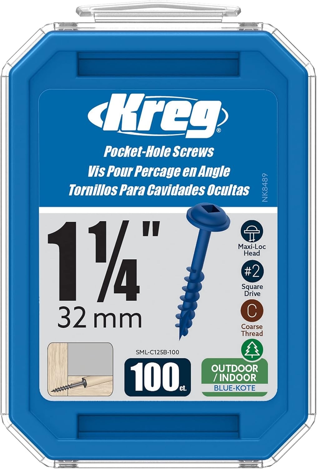Kreg SML-C125B-100 Blue-Kote Weather Resistant Pocket Screws, 1 1-1/4″, Blue