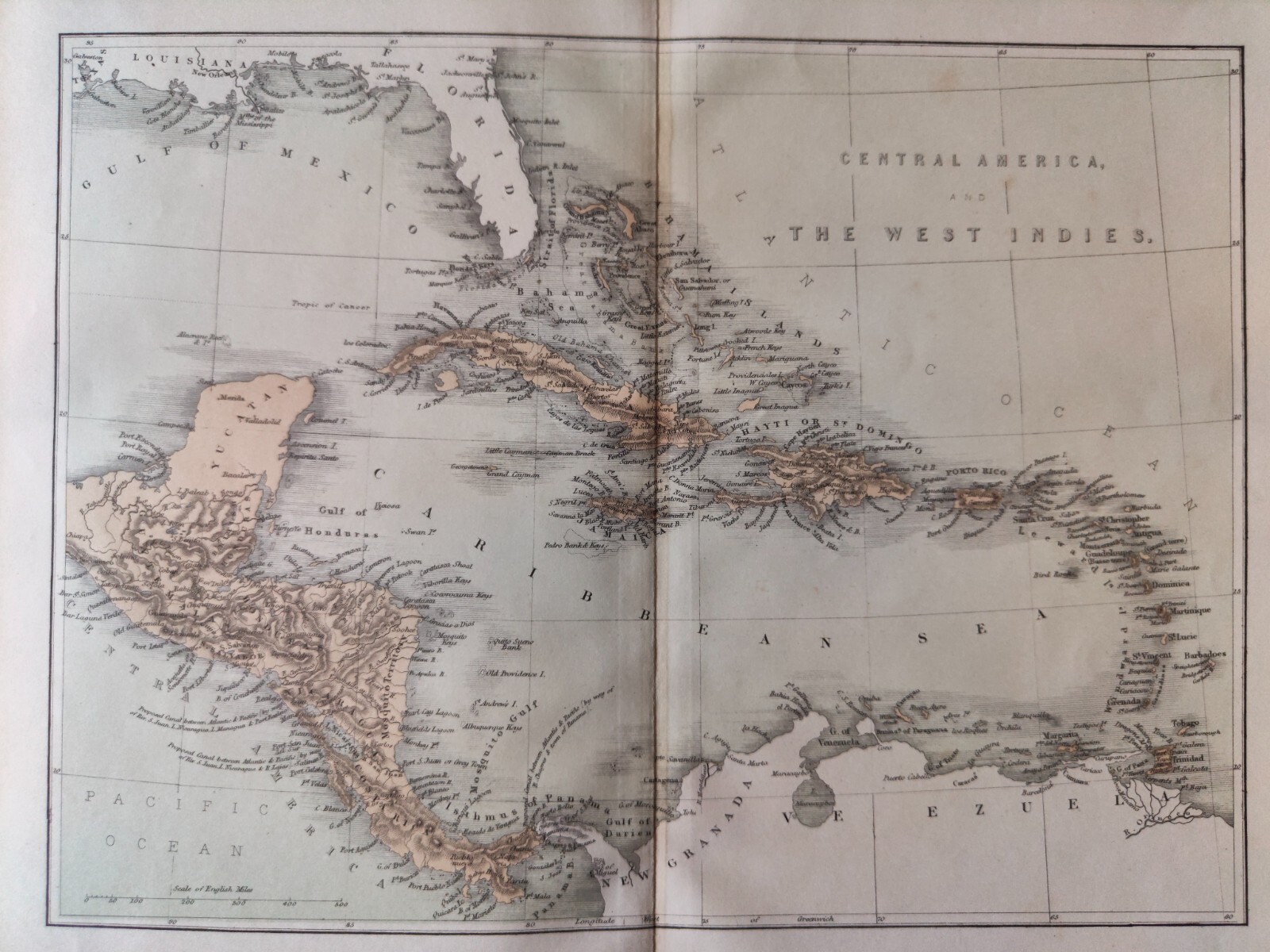 ANTIQUE ORIGINAL COLOUR OVERVIEW MAP-CENTRAL AMERICA & THE WEST INDIES-1870CA