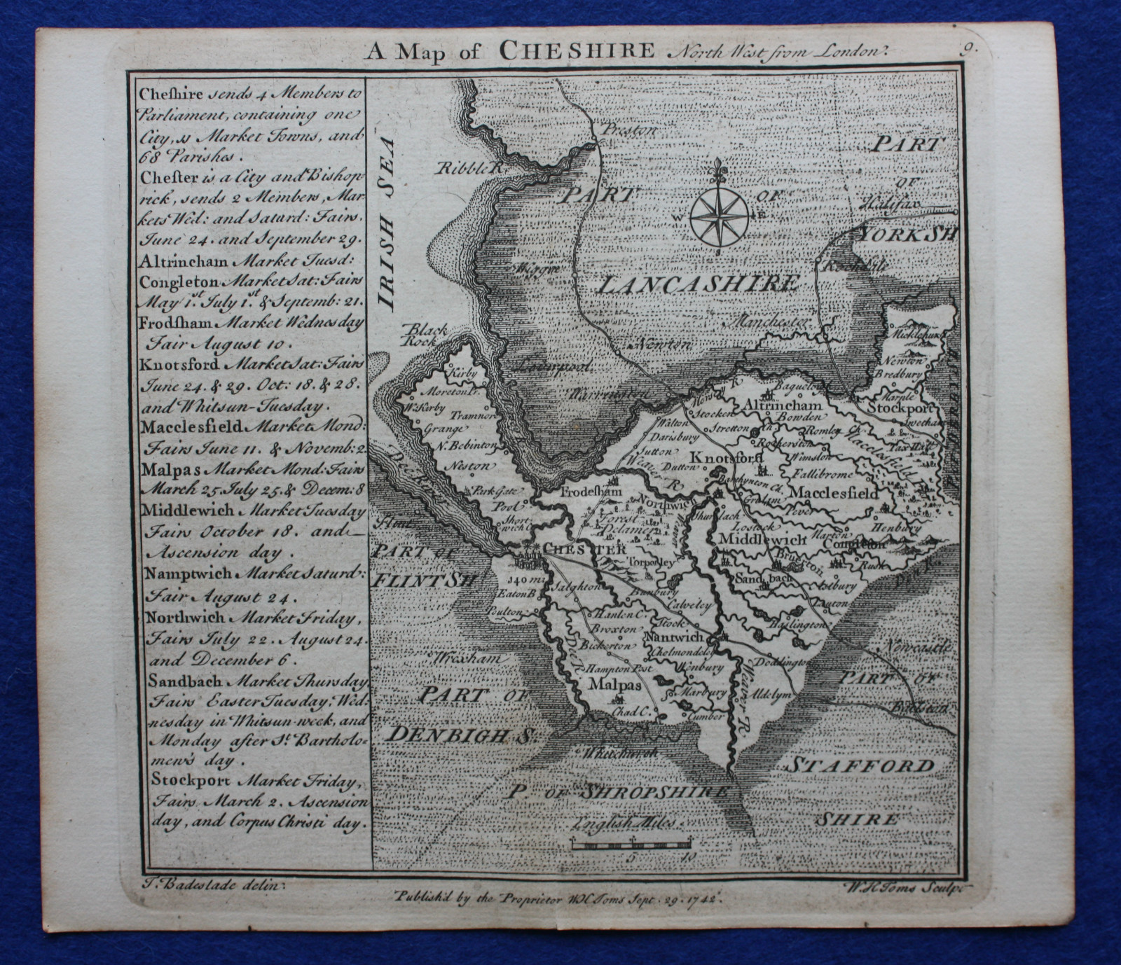 Original antique copper-engraved map CHESHIRE, Badeslade & Toms, 1742