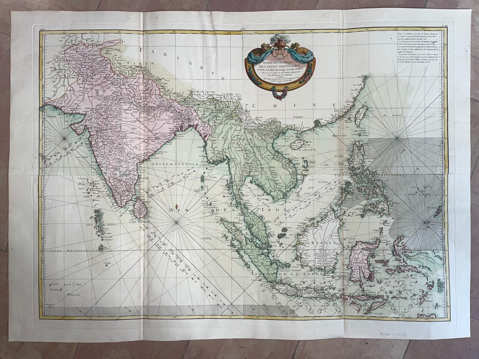 ASIA INDIA EAST INDIES 1771 VERY LARGE ANTIQUE MAP BONNE & LATTRE 18TH CENTURY