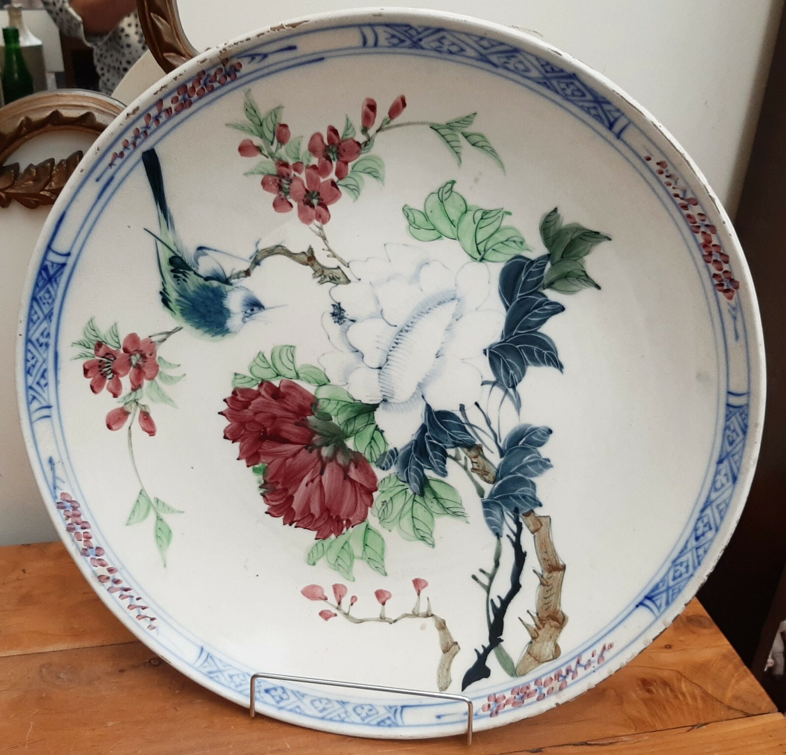 19thC Japanese Kakiemon Charger Bird & Flowers 17.75″ Late Edo Period Signed