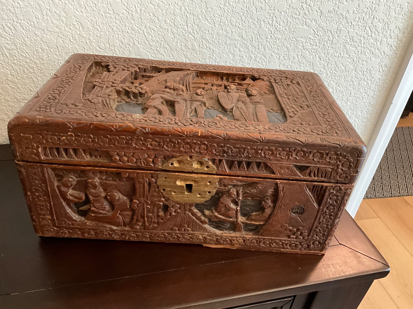 Antique Chinese intricately carved camphor wood chest 14″ x 8″