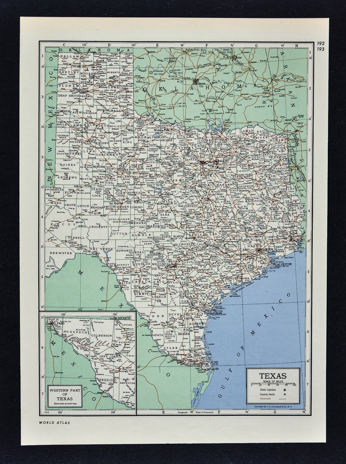 1949 Britannica Map Texas San Antonio Austin Houston Beaumont Dallas El Paso TX