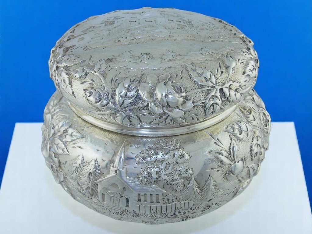 Rare Sterling Silver S KIRK & SON Powder Dresser Jar Repousse LANDSCAPE / CASTLE