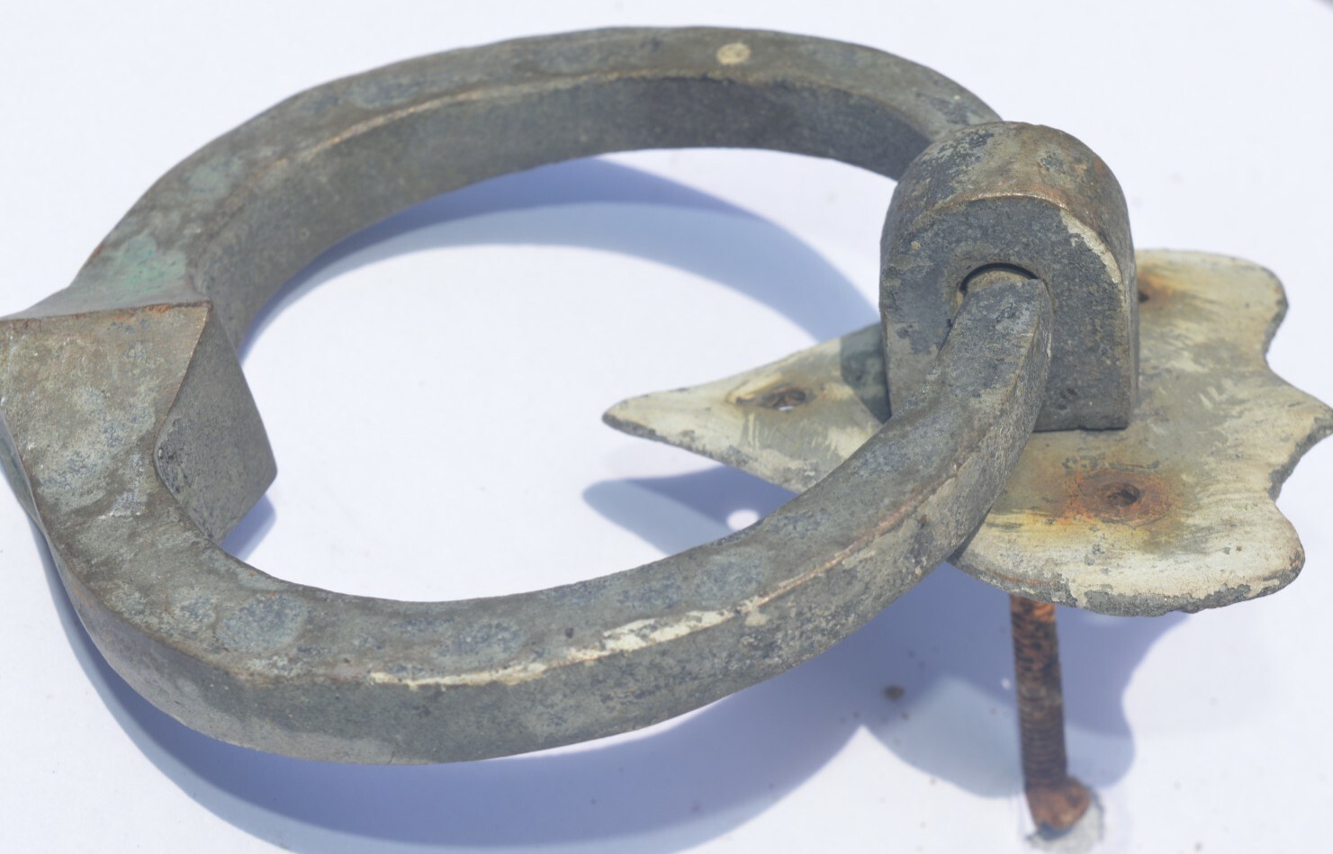 Antique aged Brass Door Knocker ~Shield mount , heavy handle, tarnish Hand Forge