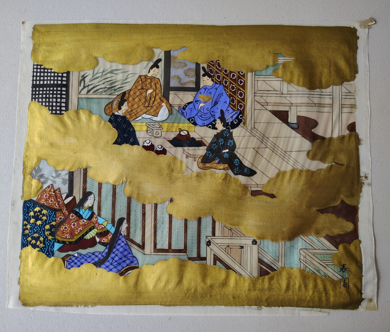 Antique, Japanese, Silk Painting, Hand Painted, Gold Tones, Not Framed or Matted