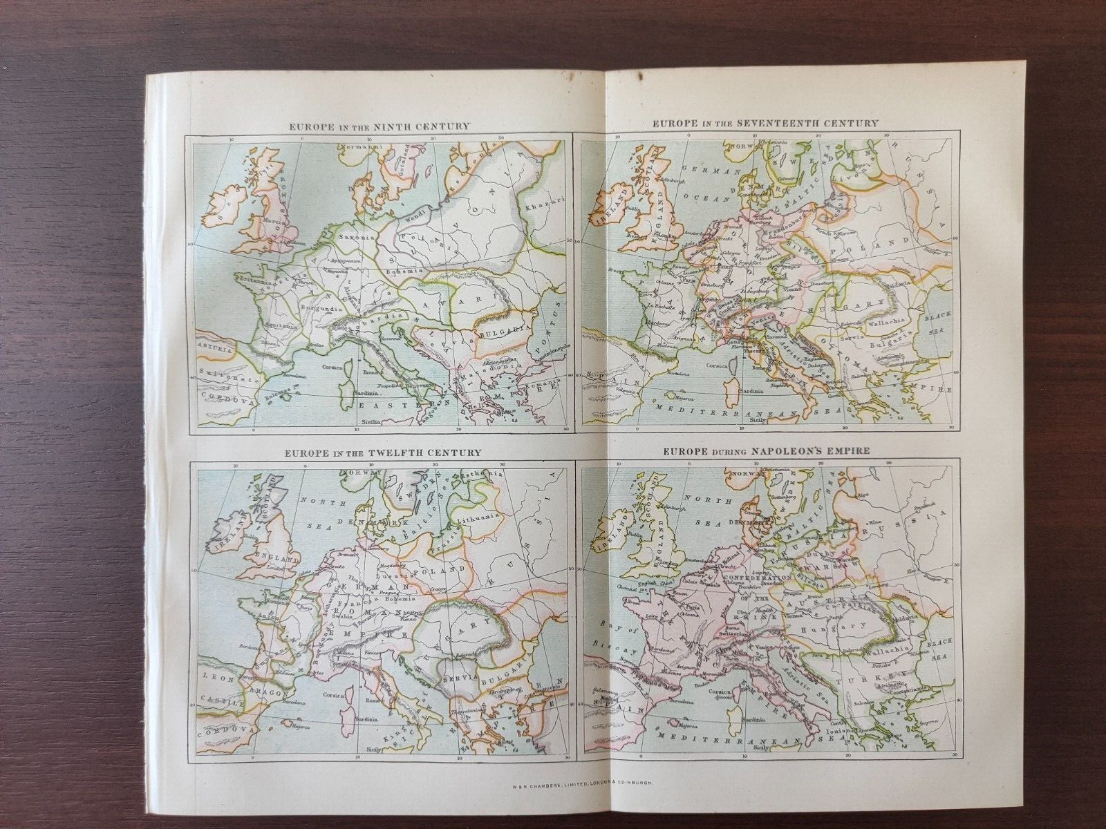 VINTAGE ORIG. COLOUR MAP-HISTORICAL/POLITICAL MAP-EUROPE IN IX-XIX CENT. -1906-8
