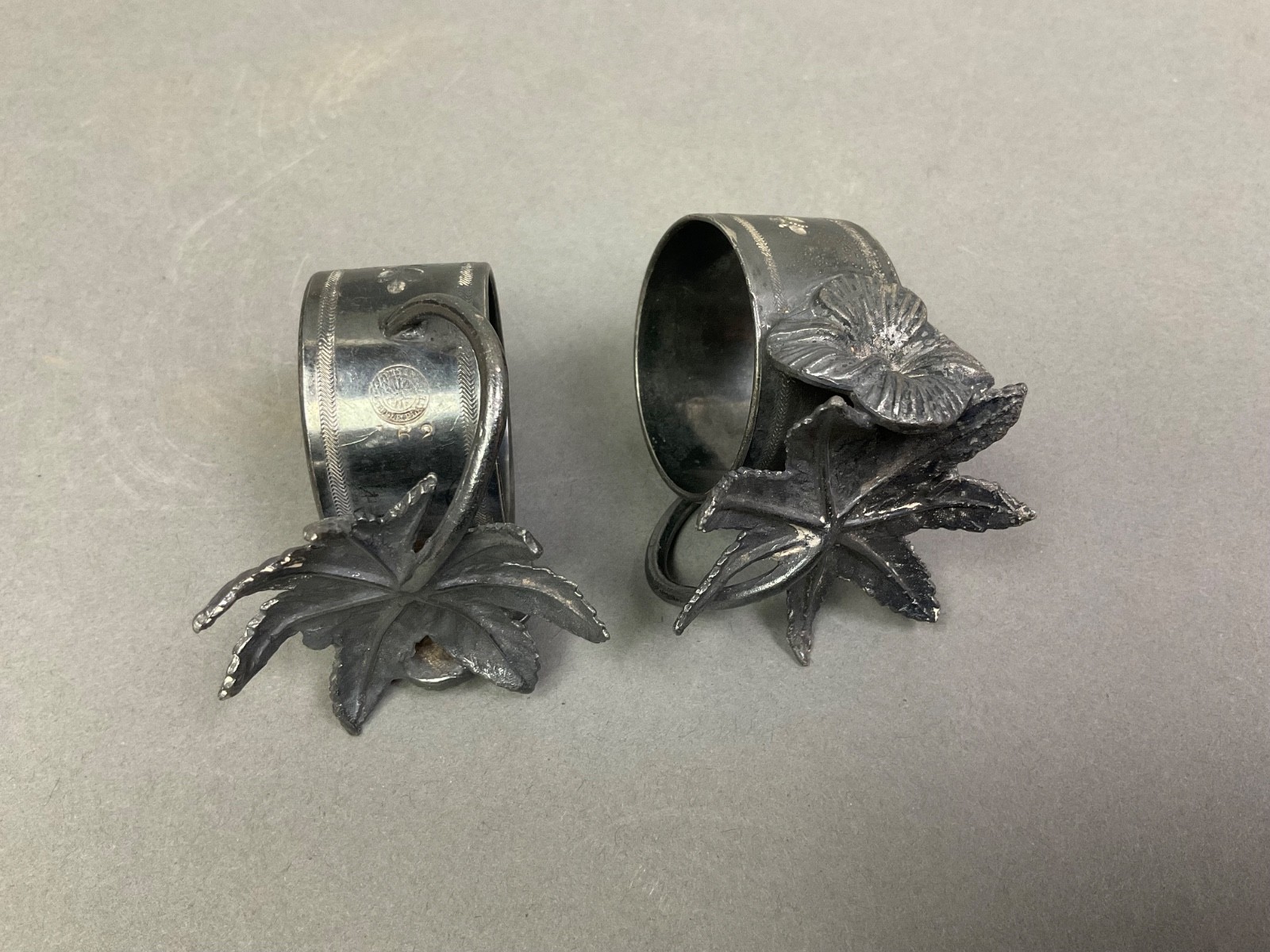 Pair ANTIQUE NAPKIN RING HOLDERS Figural Flower Silver Plated Monogrammed