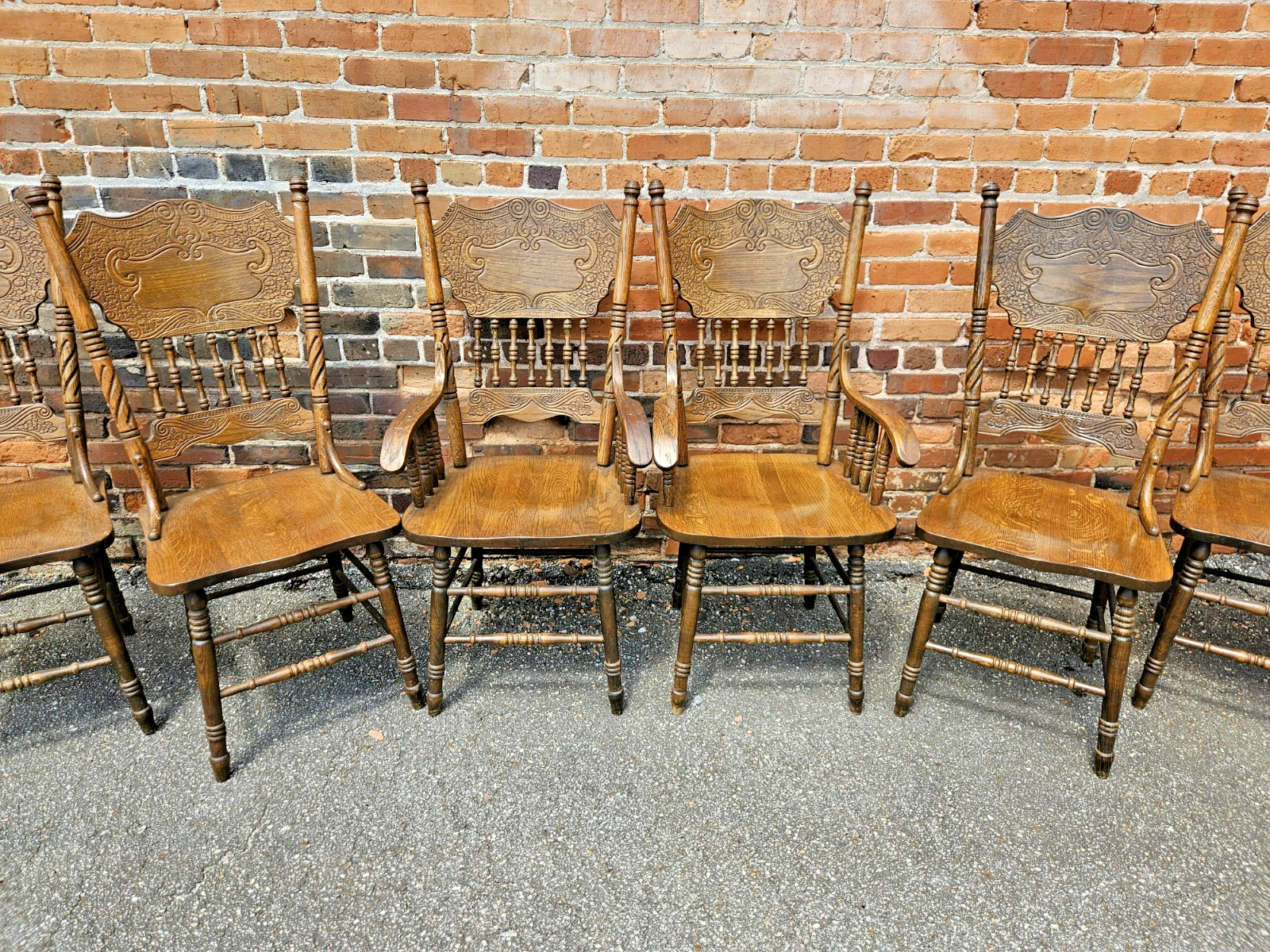 Vintage Solid Oak Pressed Back Dining Chairs – Rare set of 8