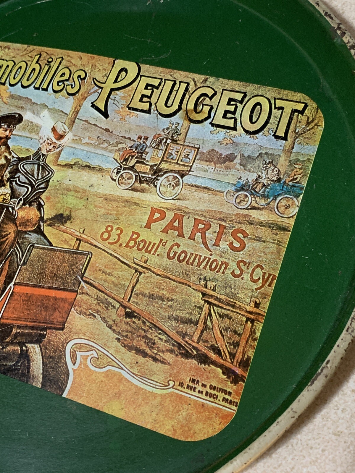 Vintage Peugeot Paris Nevco Automobiles Round Serving Tray made in Hong Kong Tin