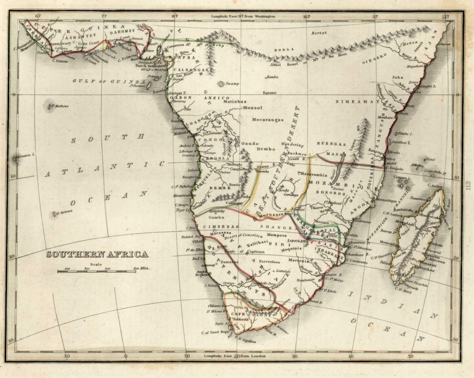 South Africa 1835 Bradford map showing Mts. of the Moon with old hand color