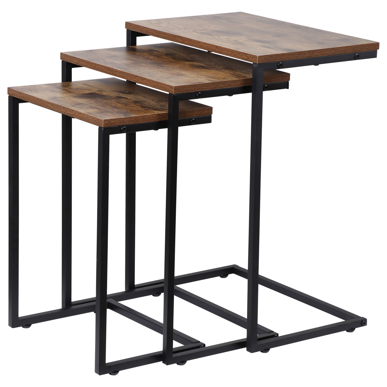 Stackable End Table Brown C-shaped Coffee Nesting Table Set of 3 w/Metal Frame