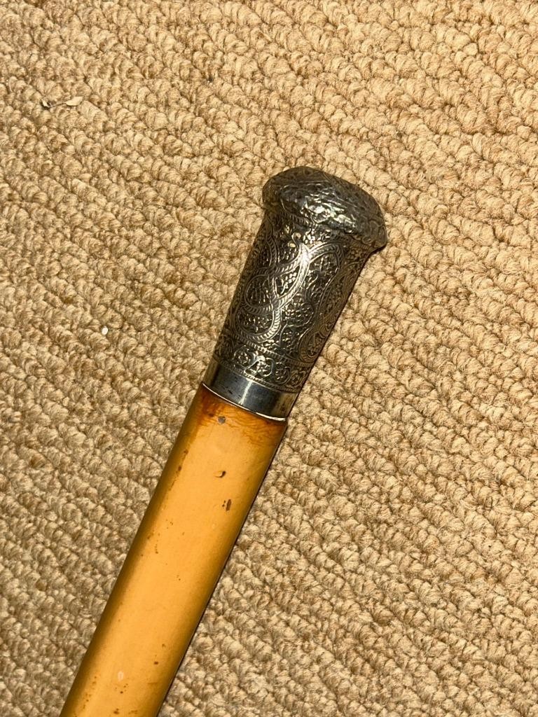 Antique Malacca Walking Stick Cane – Intricate Repousse Patterned Silver Top