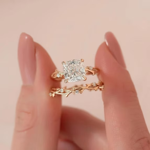 Cushion Cut Diamond Twig Ring Set in 14K Rose Gold Vermeil- Dainty Twig Engageme