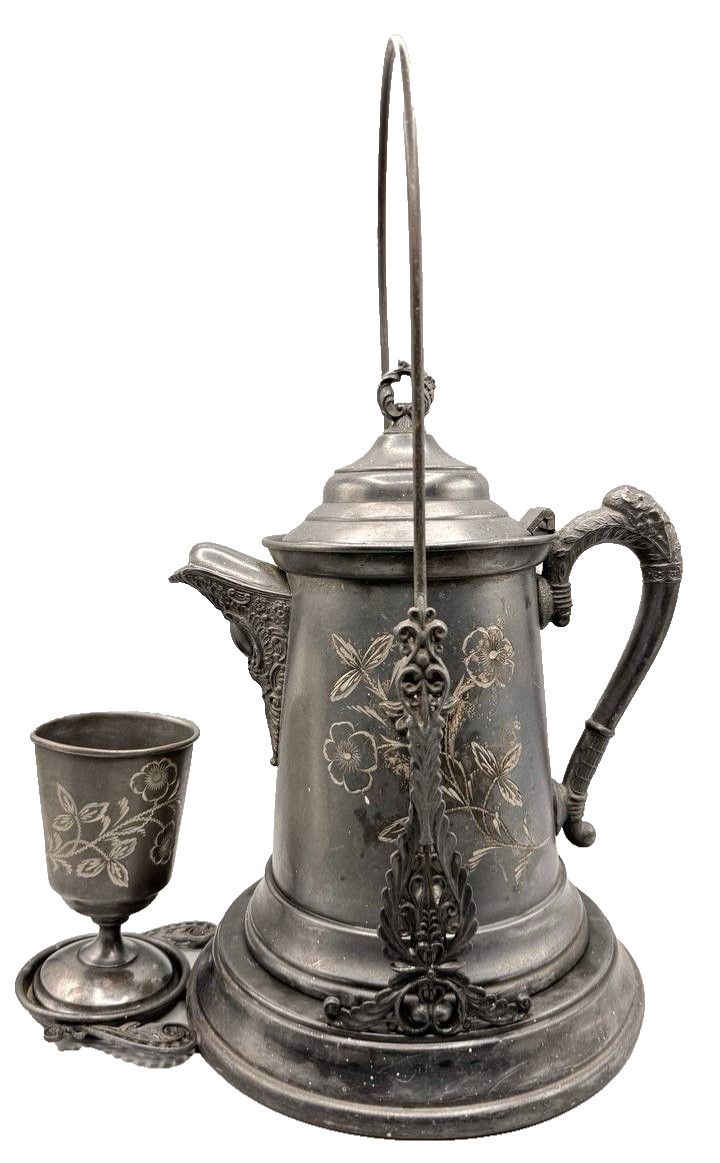Antique B.G. Uher Silver Co Quadruple Tilting Ice Water Pitcher w Stand & Goblet