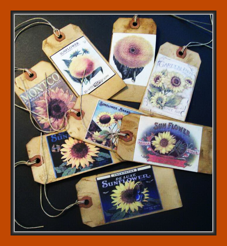 VINTAGE SUNFLOWER LABELS AND SEED PACKET DESIGN PRIMITIVE TAGS – EIGHT – SET #1