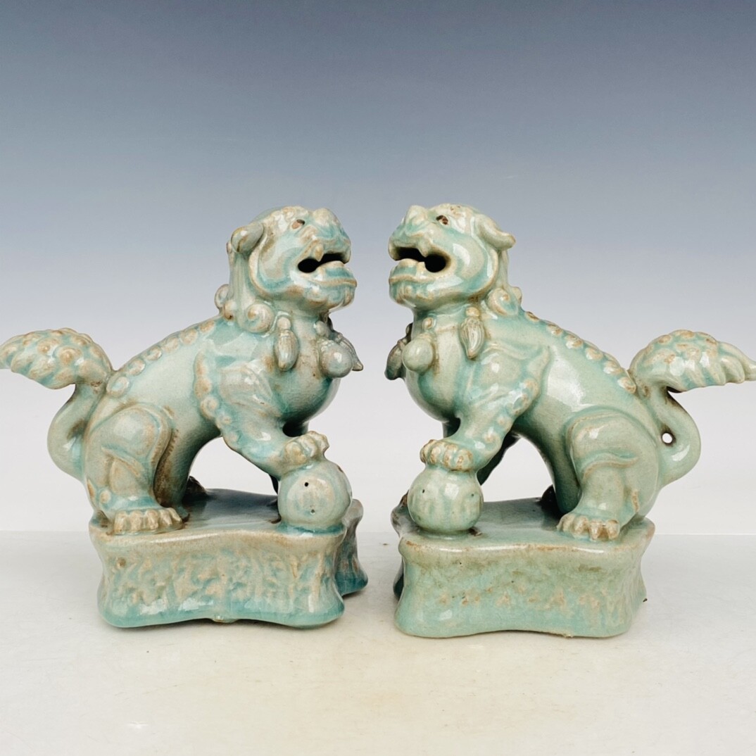 7.4″ Rare China Porcelain Song dynasty Ru porcelain lion a pair statue