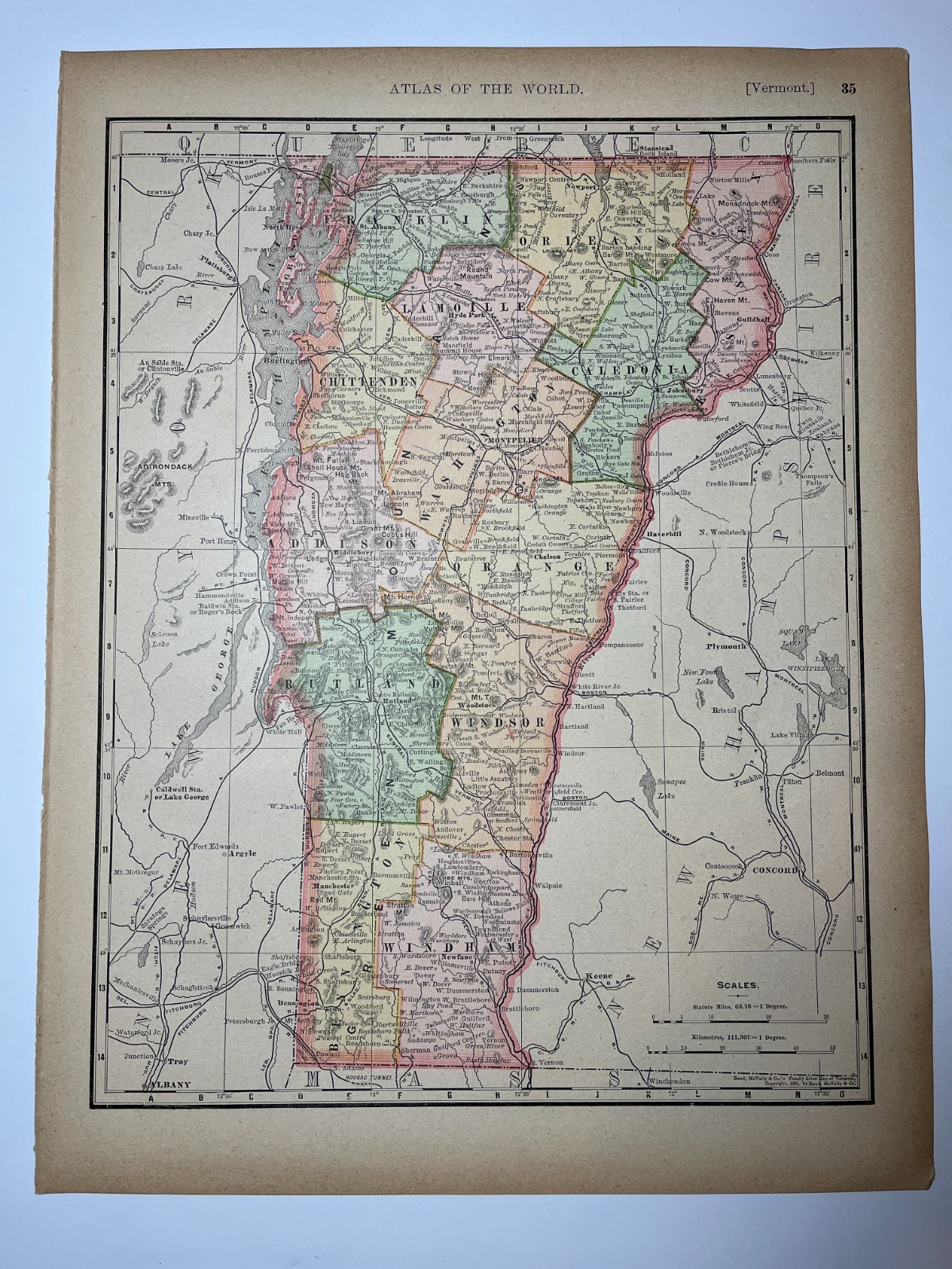 1891 Map of VERMONT fm 1894 Rand-McNally Library Atlas SEE PICs/DESCRIP