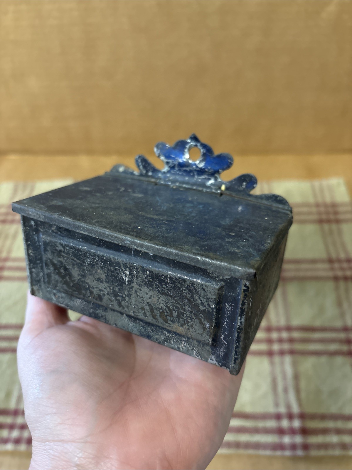 Mid 19th Century Tinware Match Safe W Blue Painted Surface & Bottom Striker
