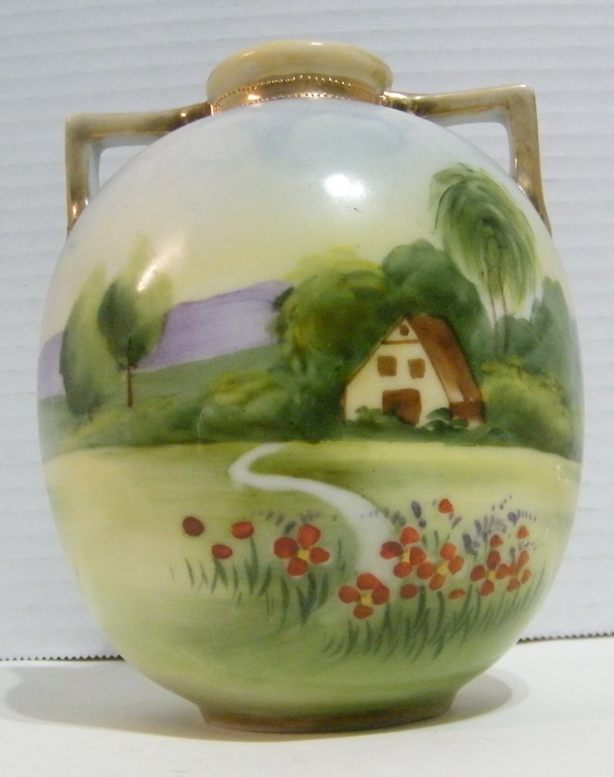 Antique Nippon Hand Painted Porcelain 5″ Scenic Meadow Vase Gold Accents