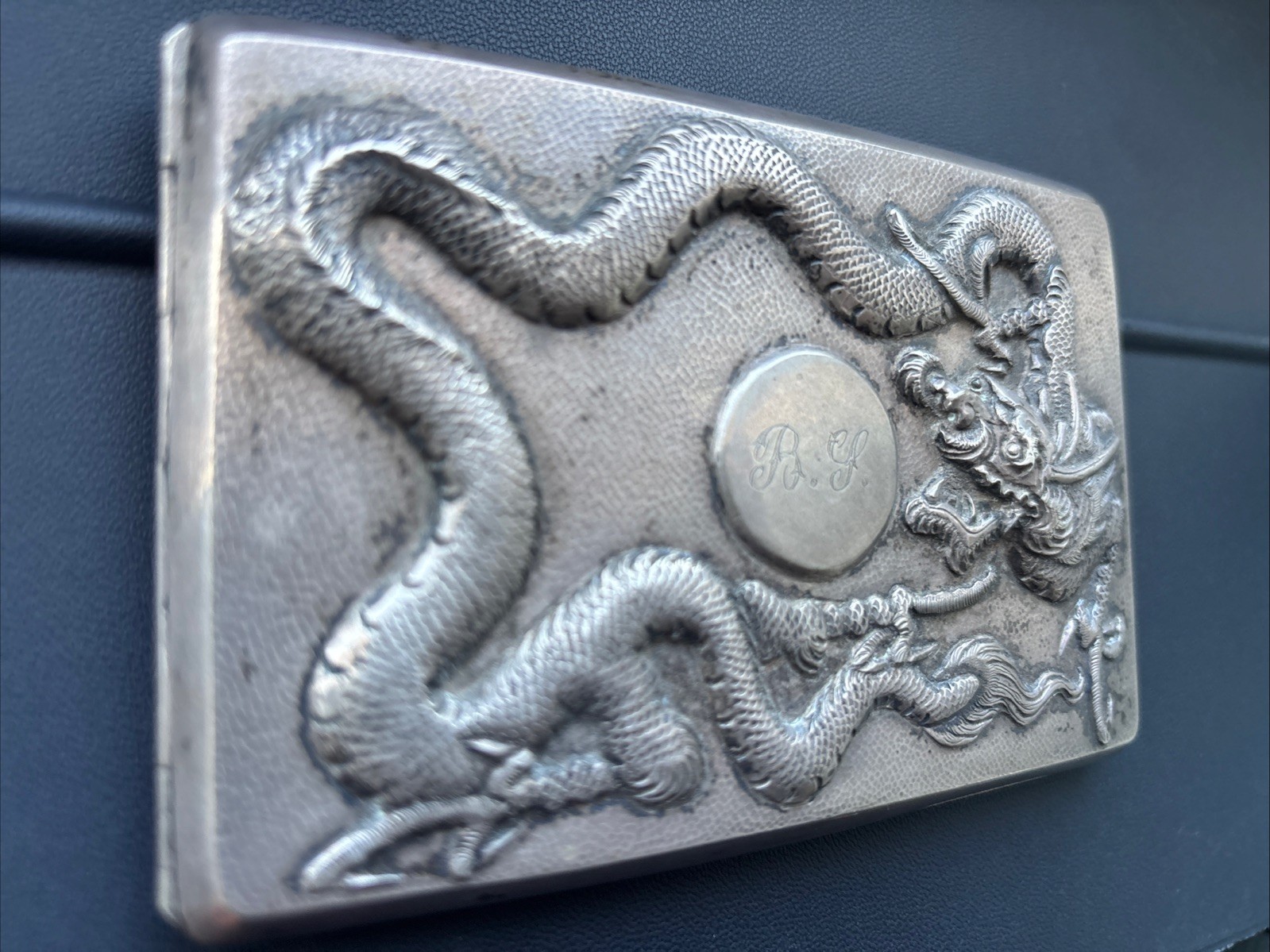 ANTIQUE 3D DRAGON SOLID SILVER BUSINESS CARD HOLDER, R.Y INITIALS