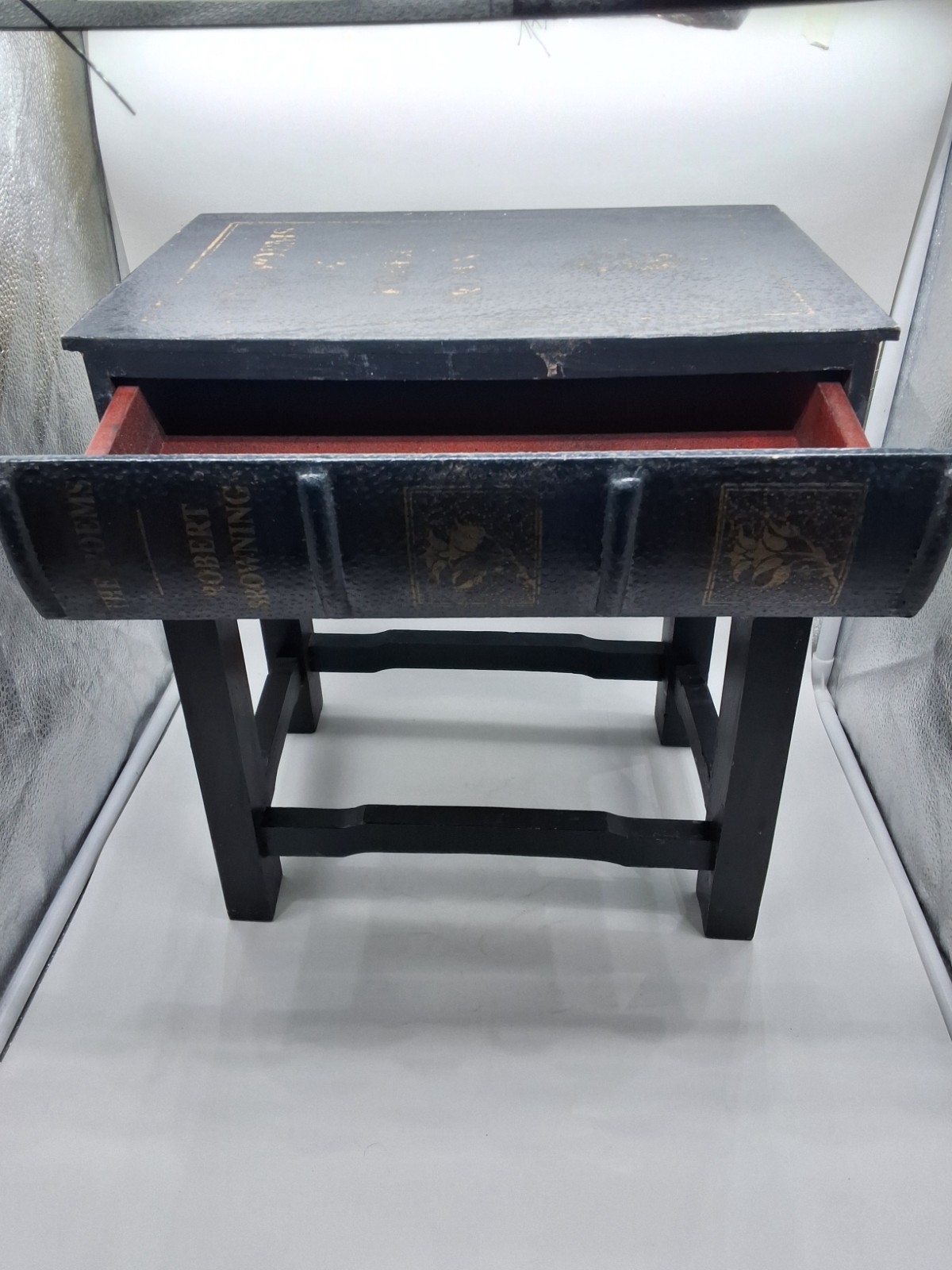 Vintage “The Poems of Robert Browning” Book-Motif Accent Table with Drawer
