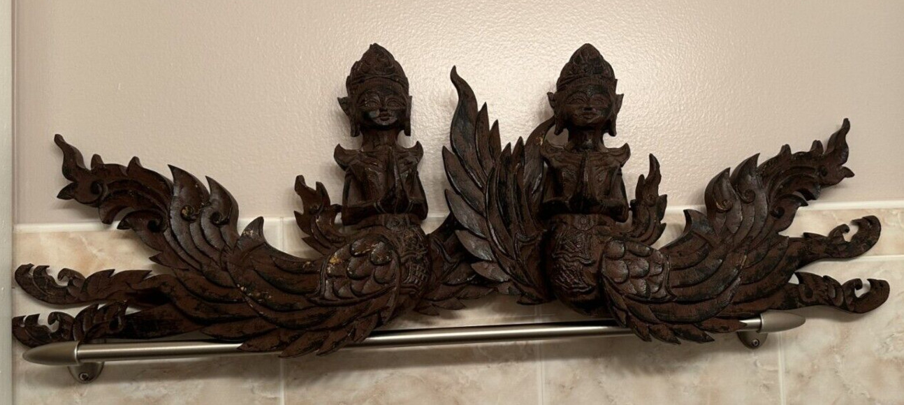 Antique Set of 2 Burmese Carved Wood WALL Panel Temple Kinnara God Myanmar Burma