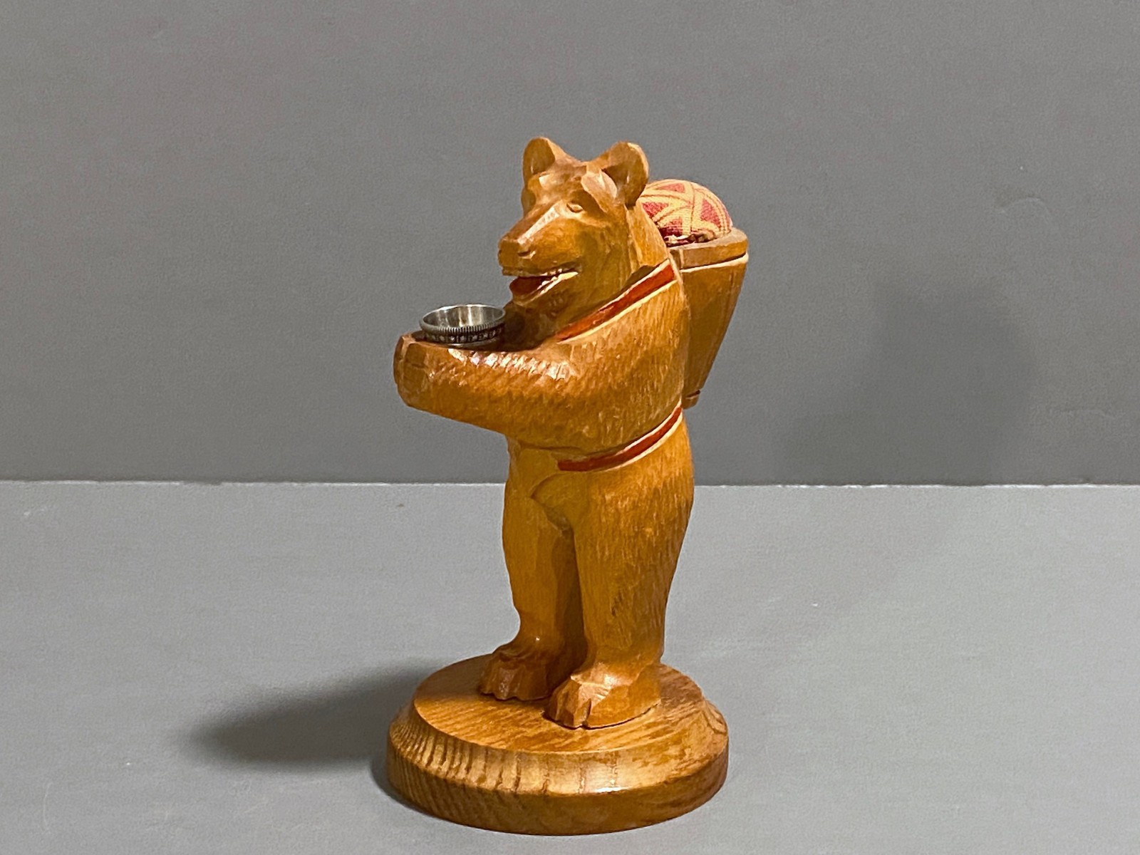 Antique Carved Bear Pin Cushion Thimble Holder, Sterling Thimble Sewing Etui