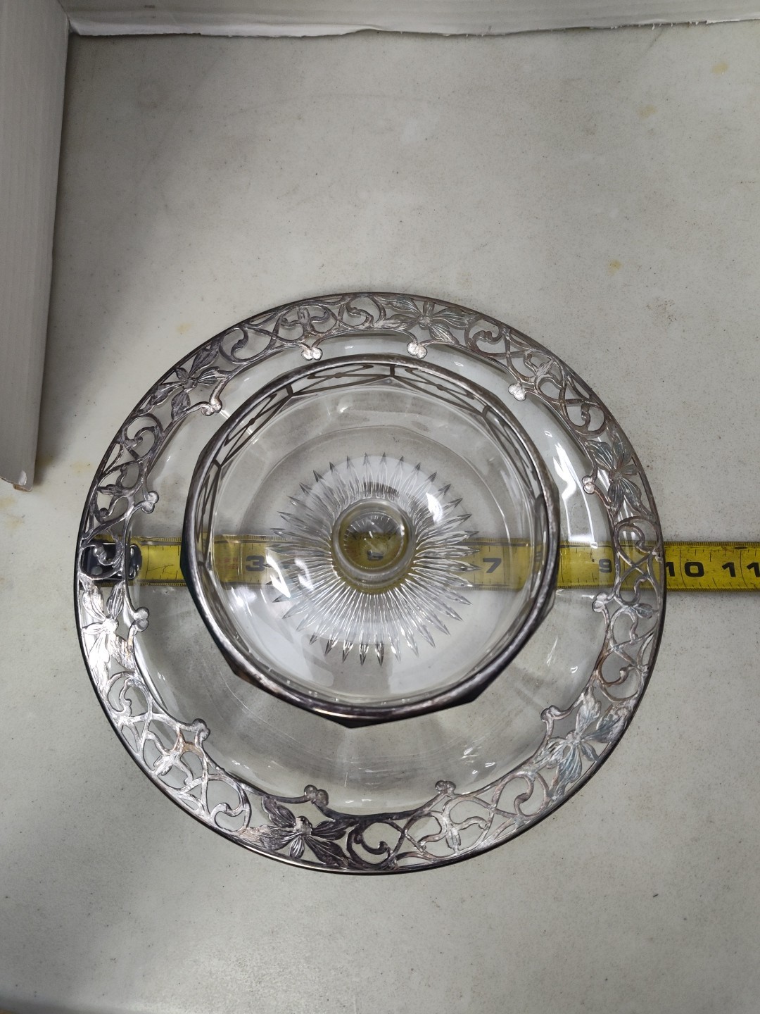 Sterling Silver Overlay Tiered Tray Cut Crystal Star Bottom Ornate Heisey Clear