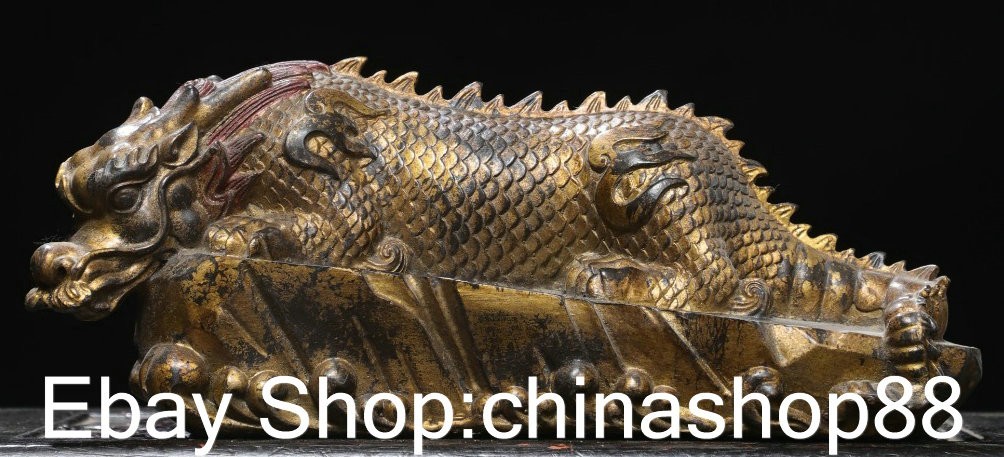 13.2″ Old Chinese Bronze Gilt Feng Shui Qilin Dragon Beast Lucky Statue