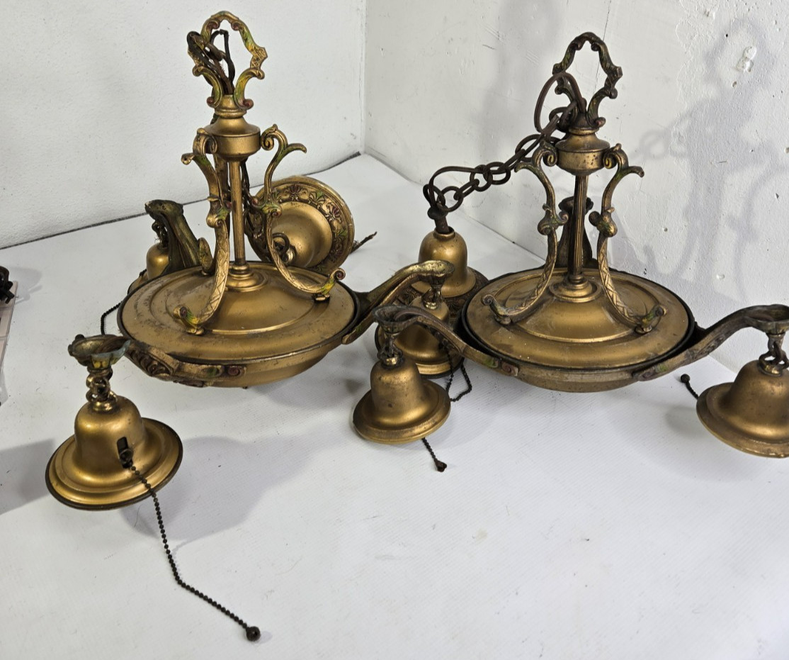 Antique Art Nouveau Drop Pan 3 Arm Down Chandelier Brass Bronze Fixture PAIR