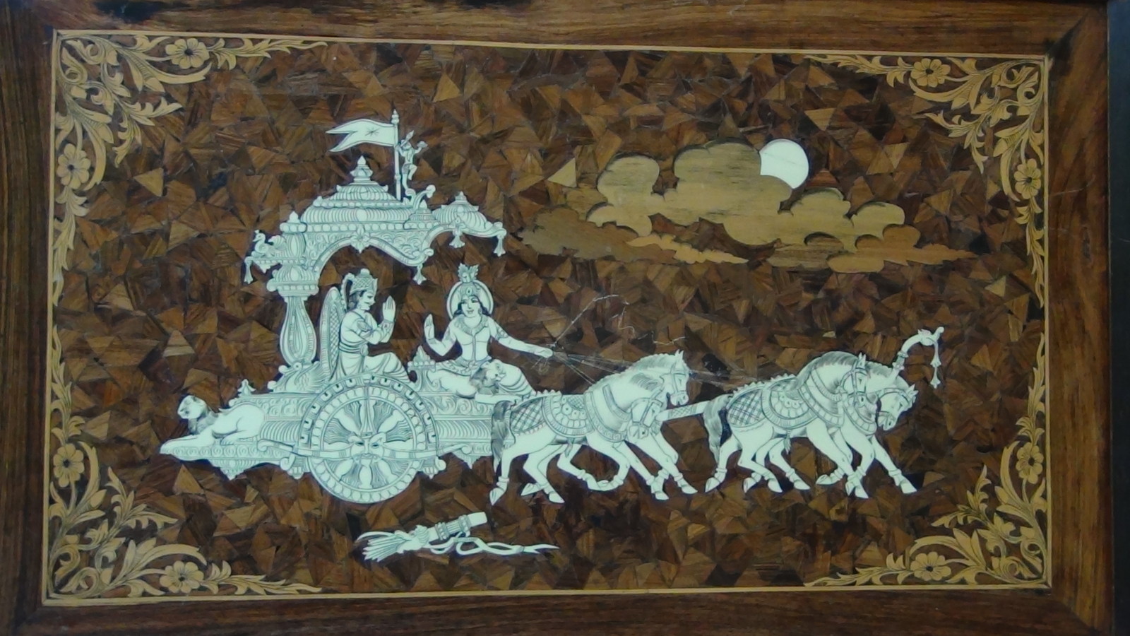 ANTIQUE 19c SOUTHEAST ASIA WOOD INLAID WALL PLAQUE WITH GODDESS ON CHARIOT