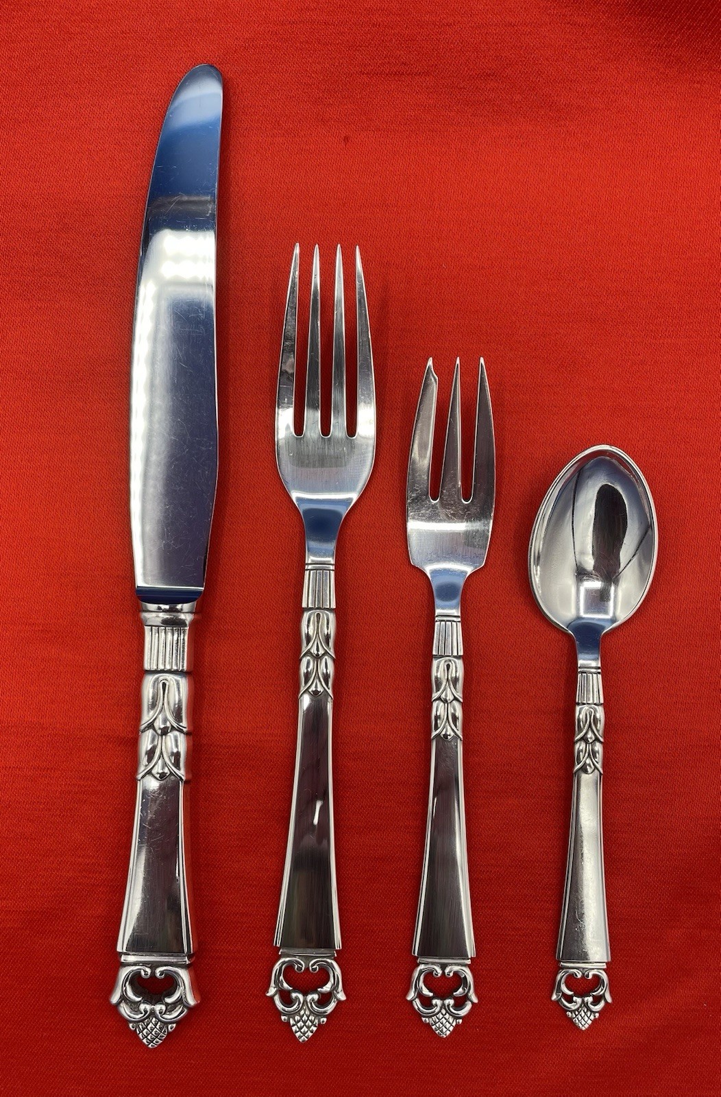 Danish Crown by Frigast Dinner Size Sterling Silver Flatware For 12 (48 Pieces)