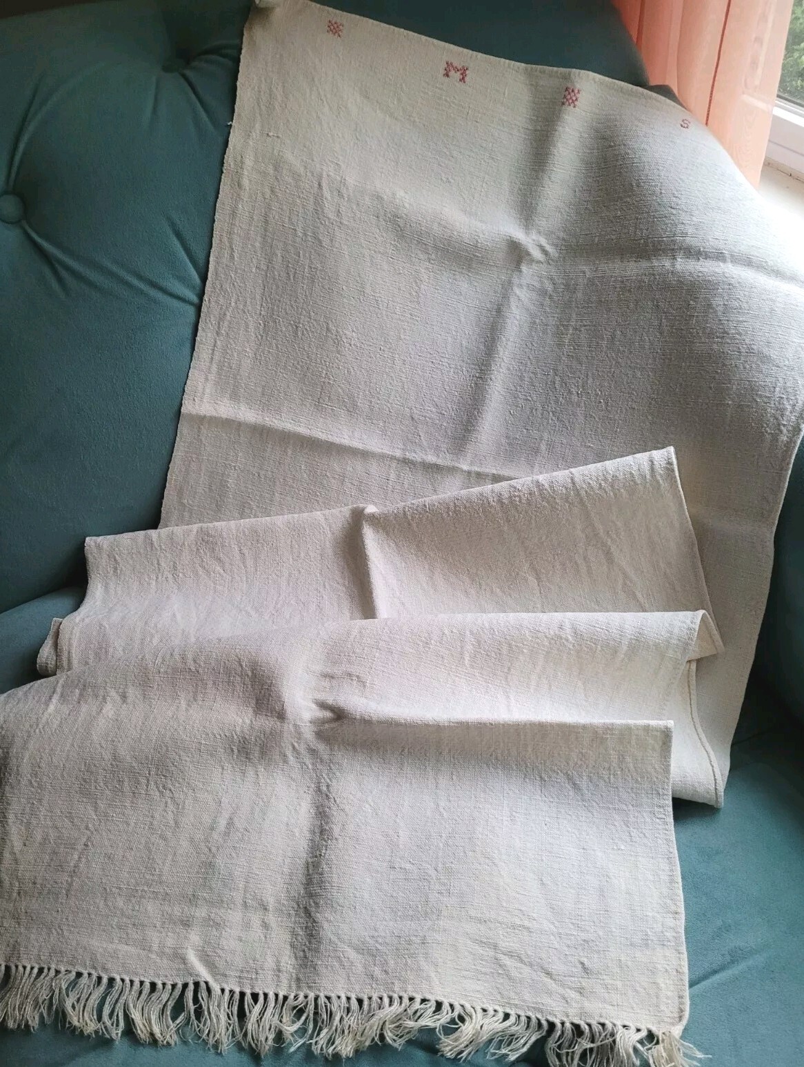 Antique 19thc Creamy Homespun Linen Guest Towel Red Embroidery Monogrammed MS