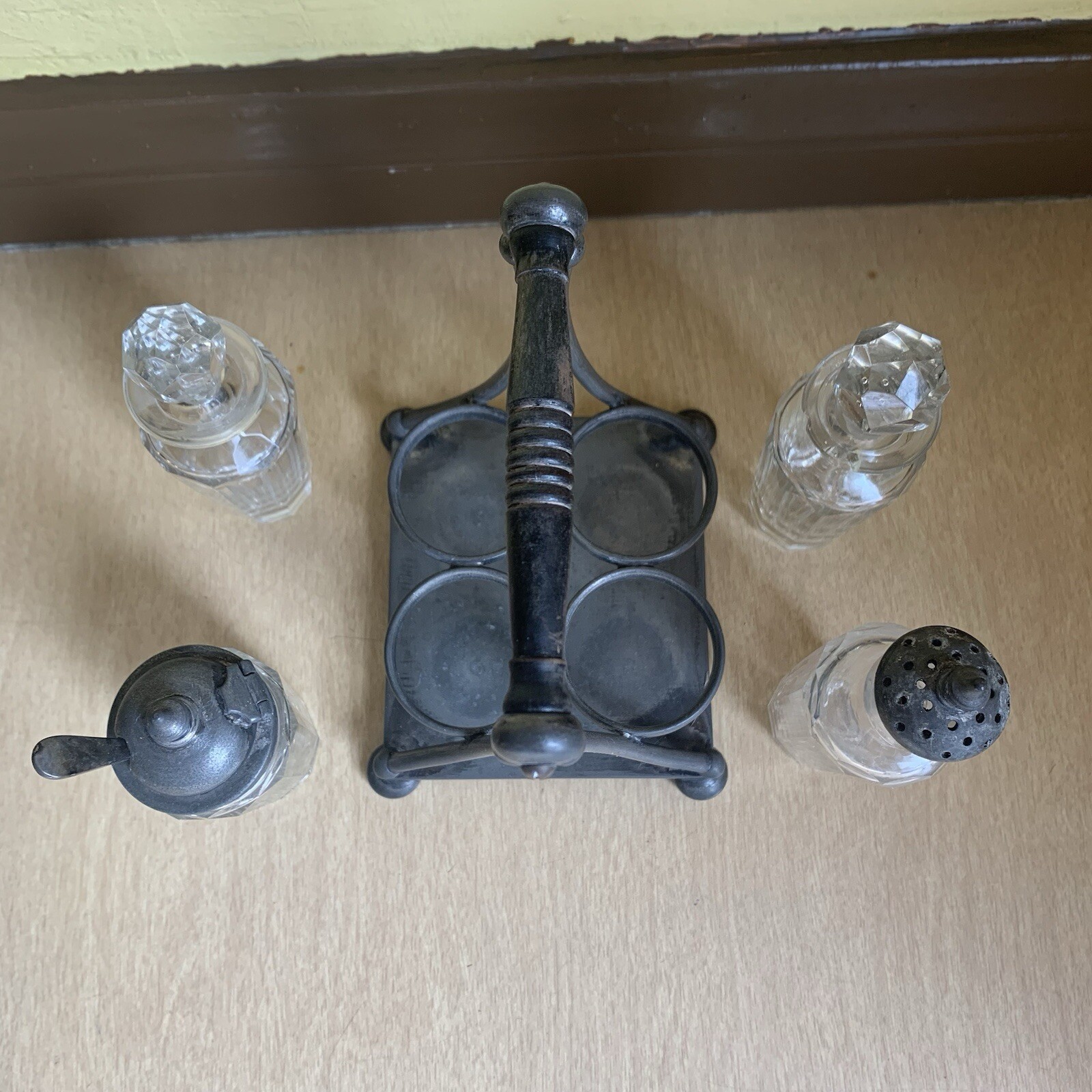 Victorian Castor Set Silverplate 4 Glass Cruets Jars Spoon Ashberry&Sons Antique