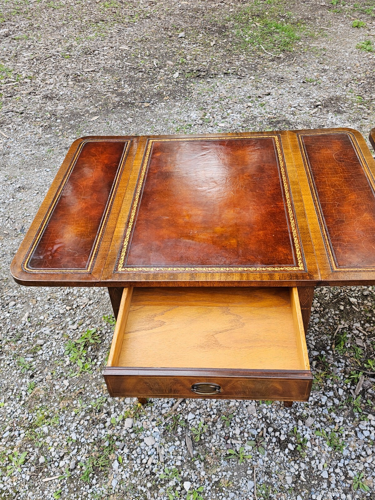 Antique Pembroke Double drop leaf leather top end table Pair by Weiman