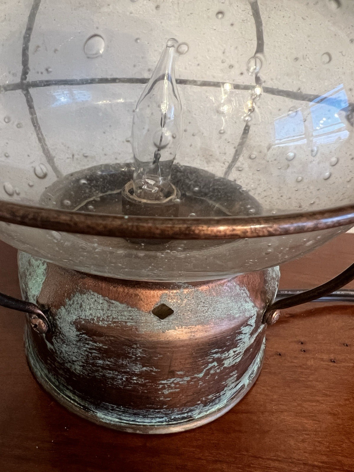 Vintage Copper Brass Ship’s Lantern With Glass Globe And Patina
