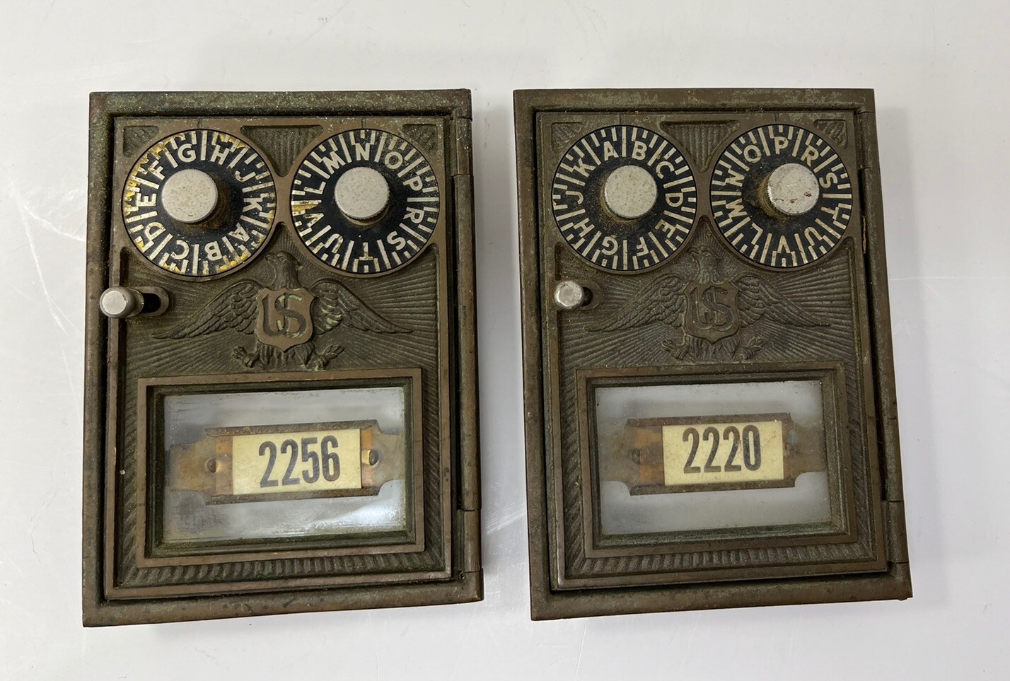 2 Antique USPO Metal Mailbox Doors Eagle Emblem Dials Knobs Glass Number Window