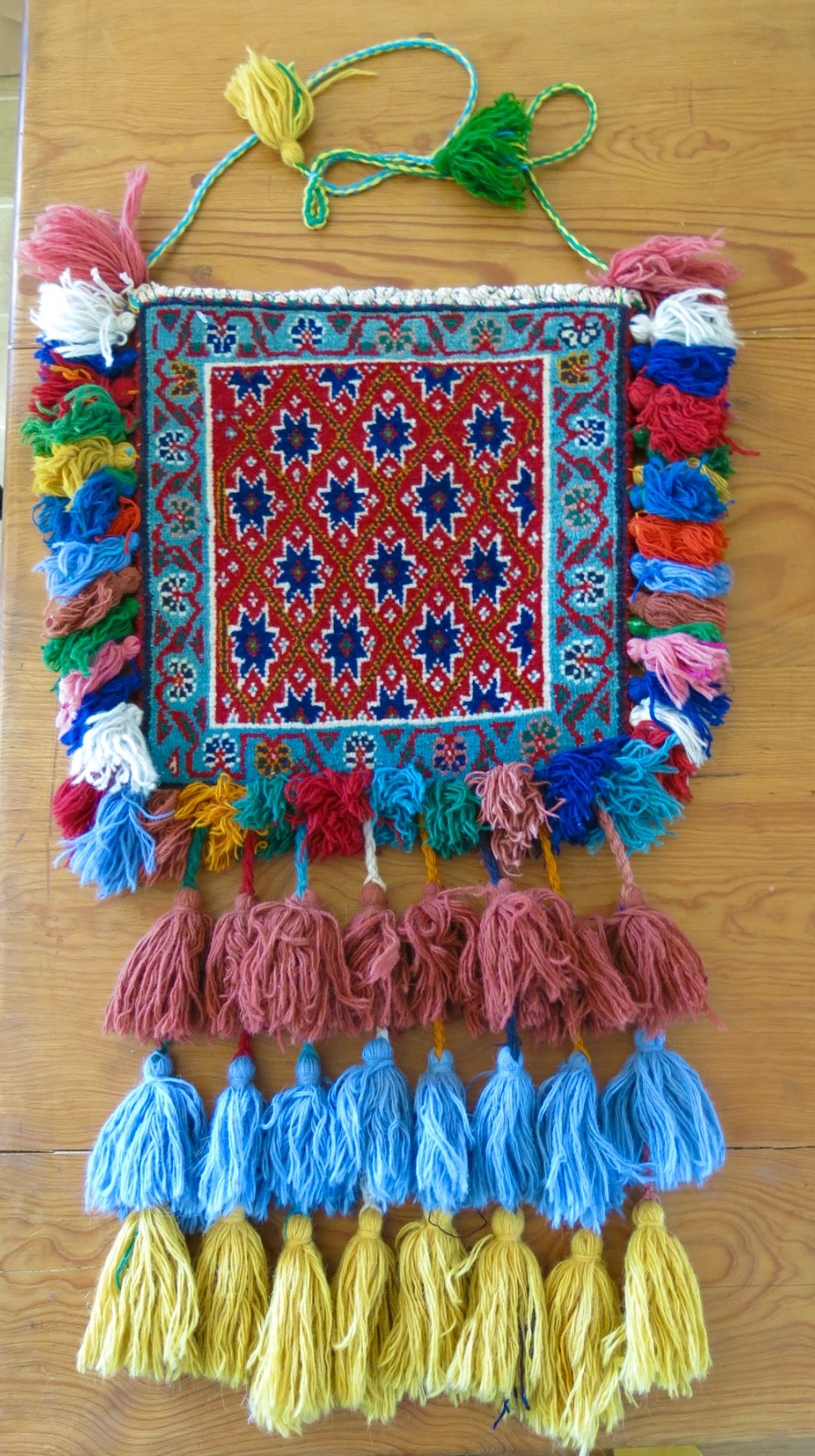 VINTAGE HAND KNOTTED TAPESTRY WOOL CARPET SALT BAG HANGING TASSELS
