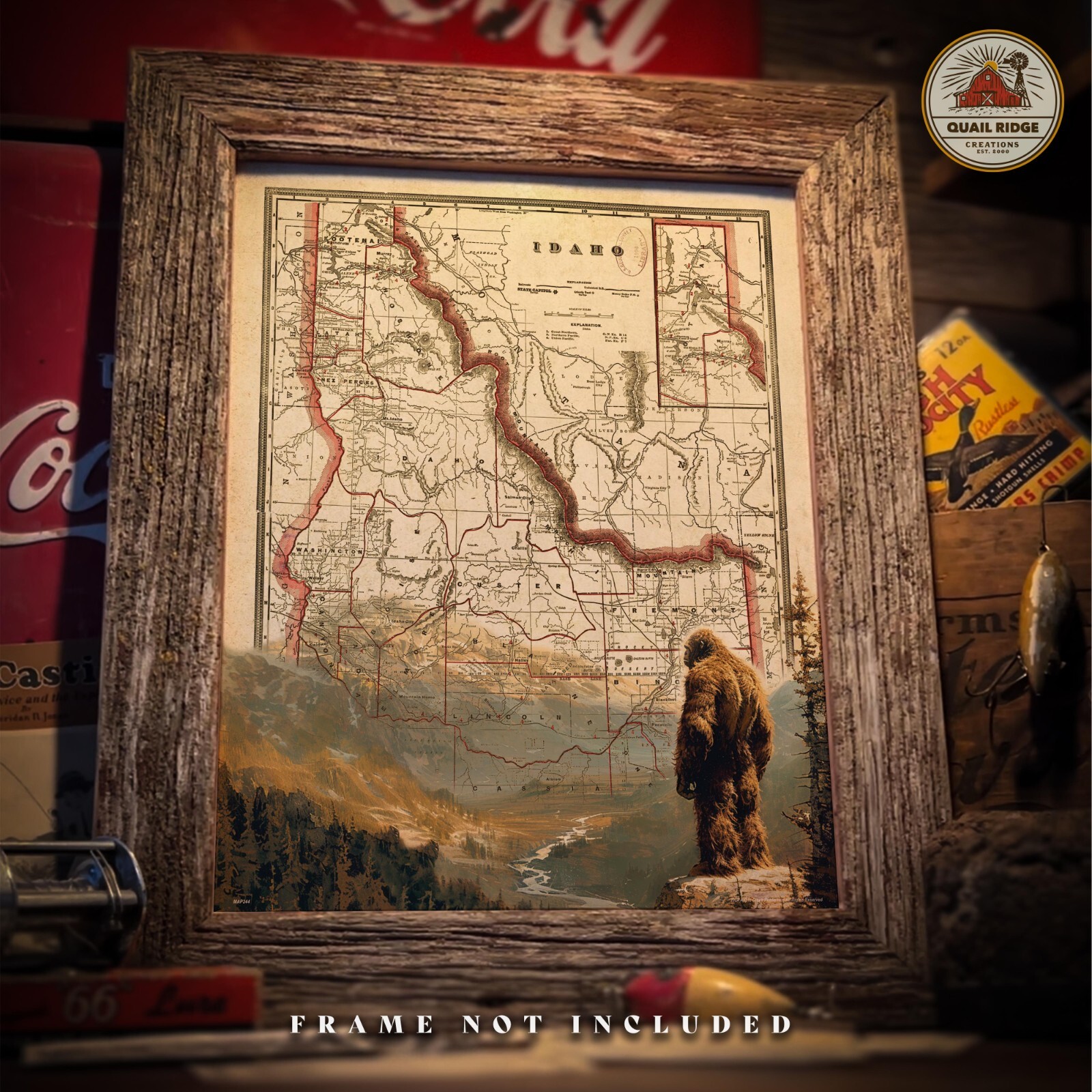 Sasquatch Bigfoot Art Print Vintage Idaho State Map Wall Decor Bigfoot Gift