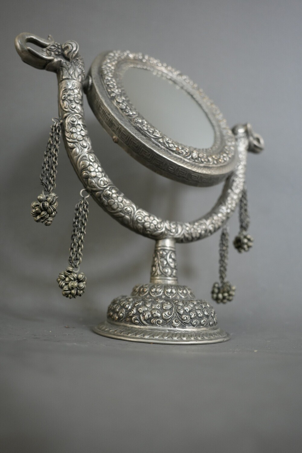 Vintage Handcrafted Ornate German Silver Vanity Mirror –Elephant Motif Tabletop