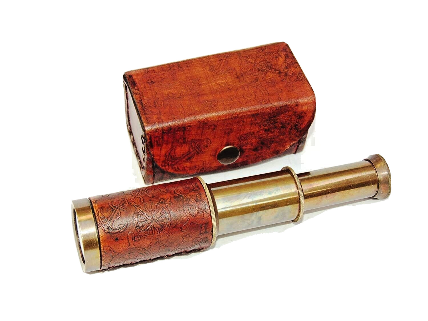 Antique Brass Telescope Antique Hand Held Pocket Spyglass with Leather Box