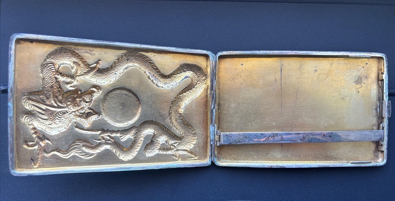 ANTIQUE 3D DRAGON SOLID SILVER BUSINESS CARD HOLDER, R.Y INITIALS