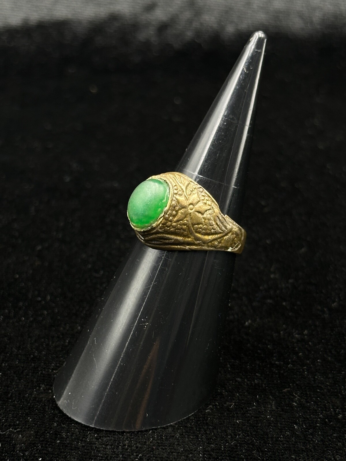 Brass Old Near Eastern Unique Handmade Ring With Green Agate Stone