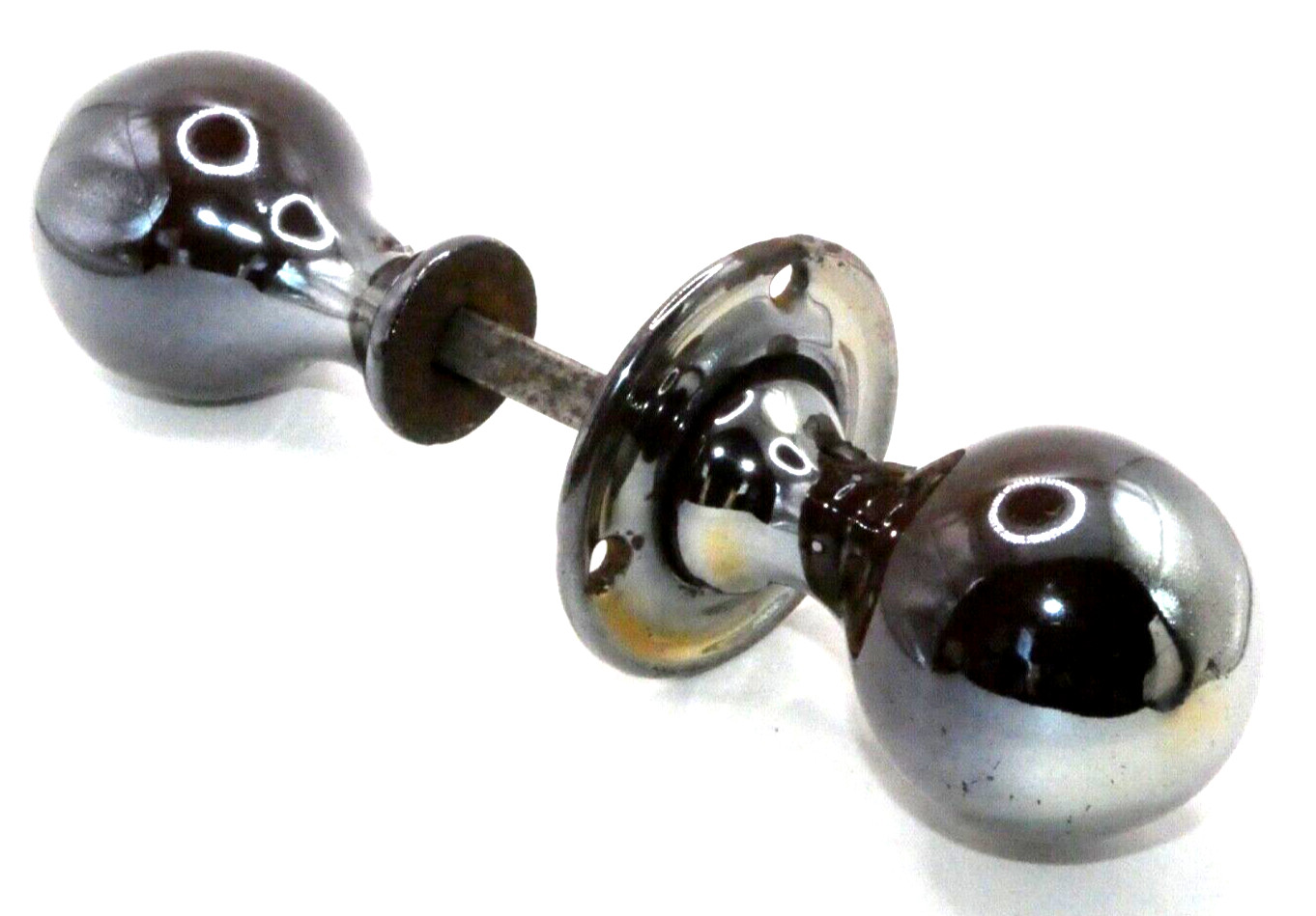 vintage antique brown vitreous enamel rim lock door knobs (ML749)
