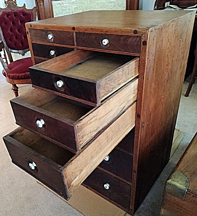 RARE Antique Printer Document Parts Photo Cabinet 12 Drawers Porcelain Burl Wood