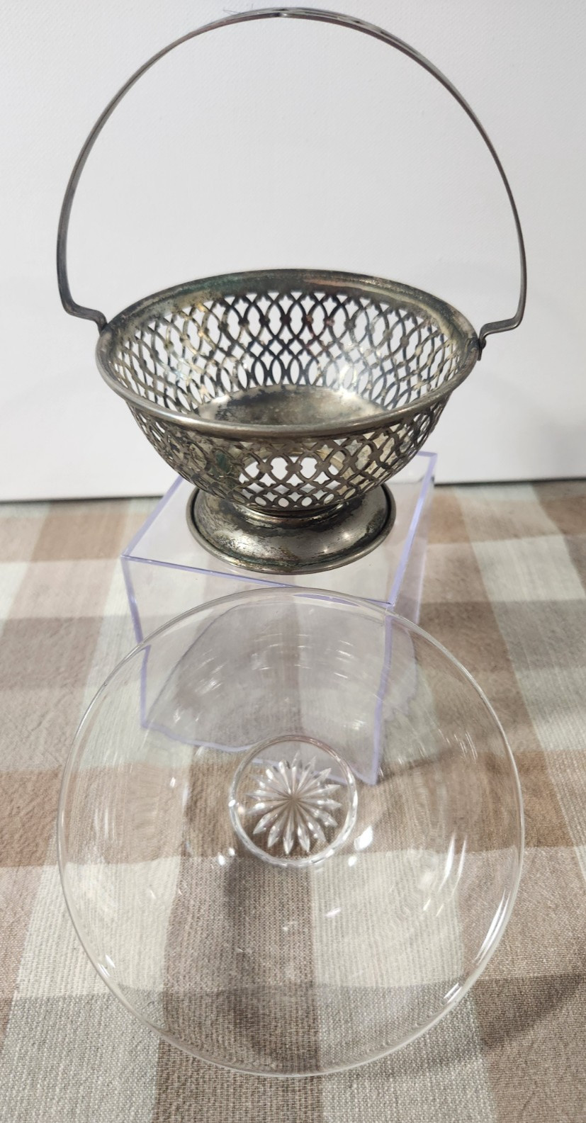 Vintage Silver Plated Sugar Basket Bowl With Handle & Woven Design, Some Tarnish