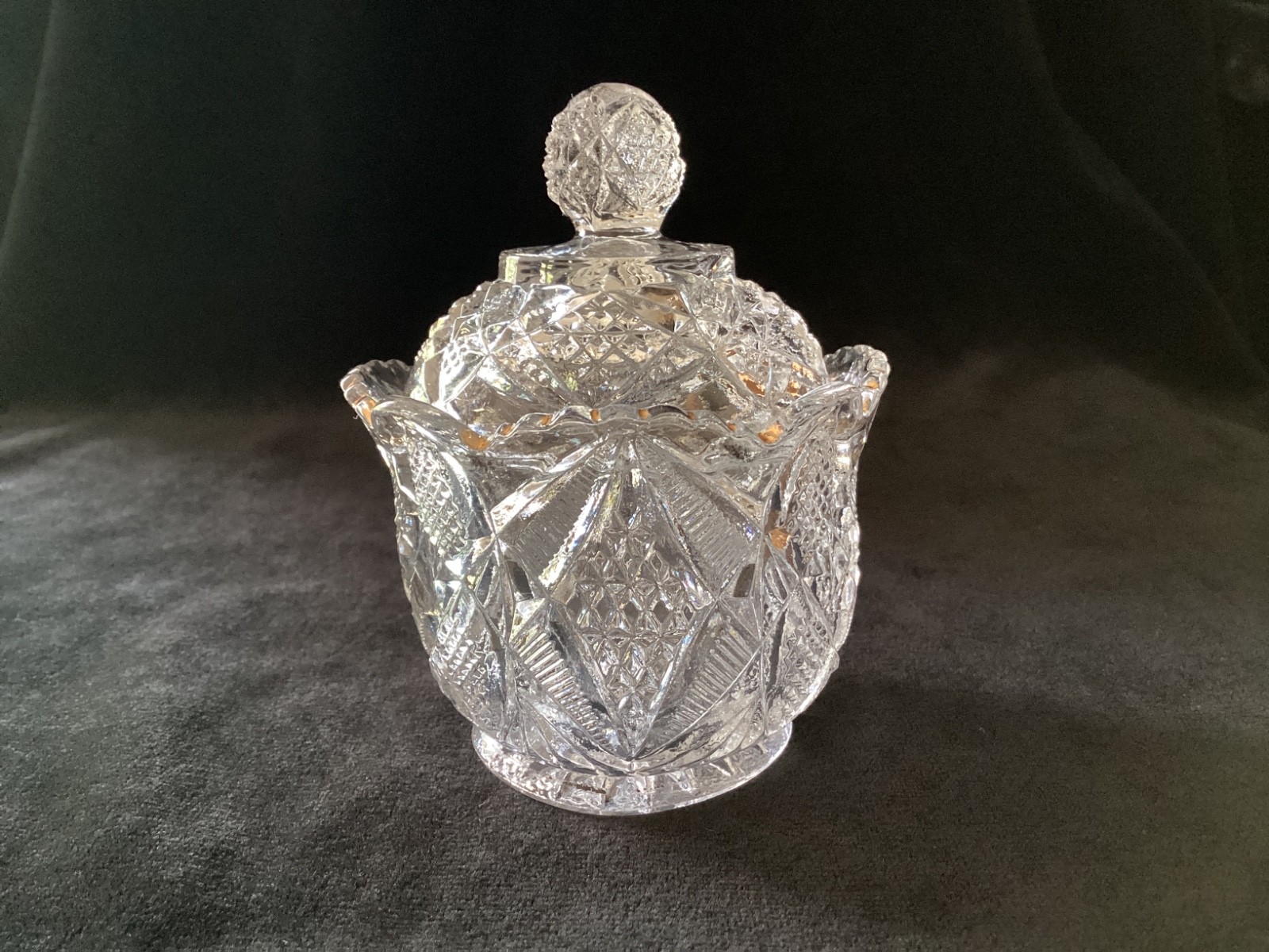 EAPG U.S. Glass #15048 “Pennsylvania” Child’s Sugar with Lid – gold trim