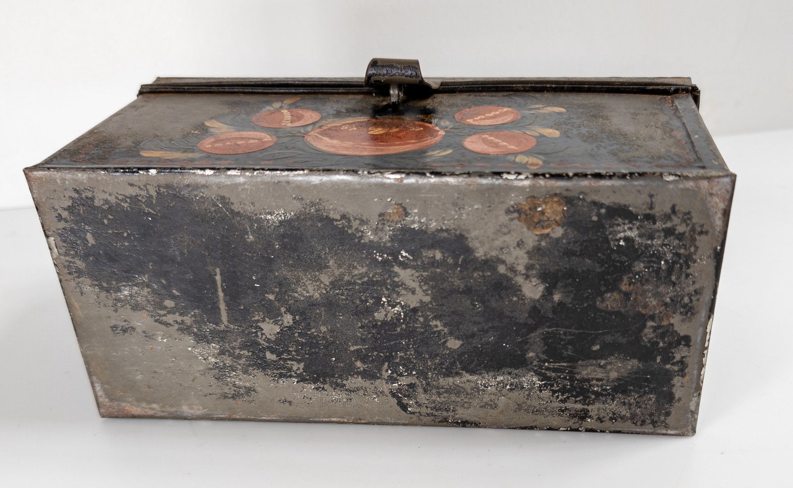 Antique 19th C. Rustic Painted Toleware Tin Box with Painting